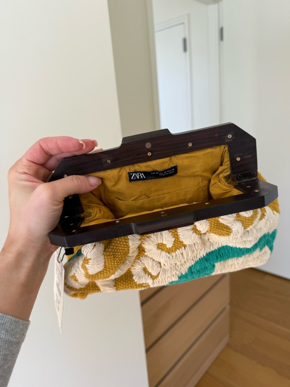 Zara Mustard, Cream & Teal Textured Frame Wristlet